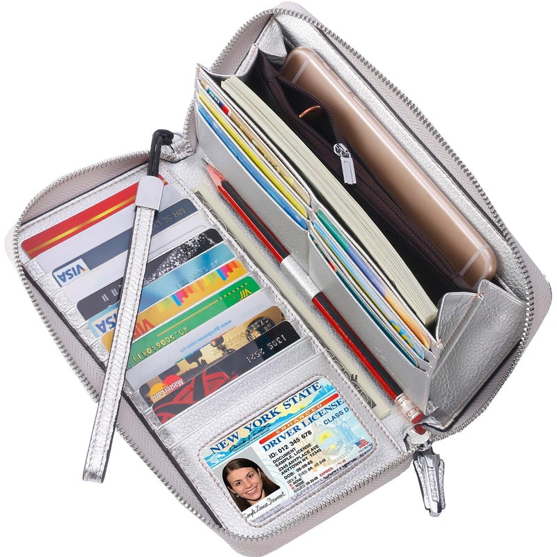 Lavemi Women's RFID Blocking 100% Leather Large Capacity Zip Around Wallet Phone Holder Clutch Travel Purse Wristlet(Large Size Pebbled Silver) - Image 2